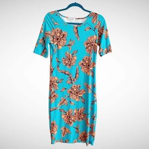 SIGN HERE Turquoise Floral Sheath Midi Dress Short Sleeves